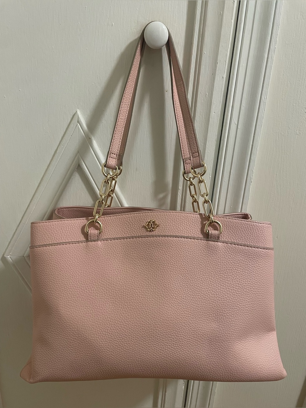 Rose Pink Leather Tote Bag with Gold Chain Handles